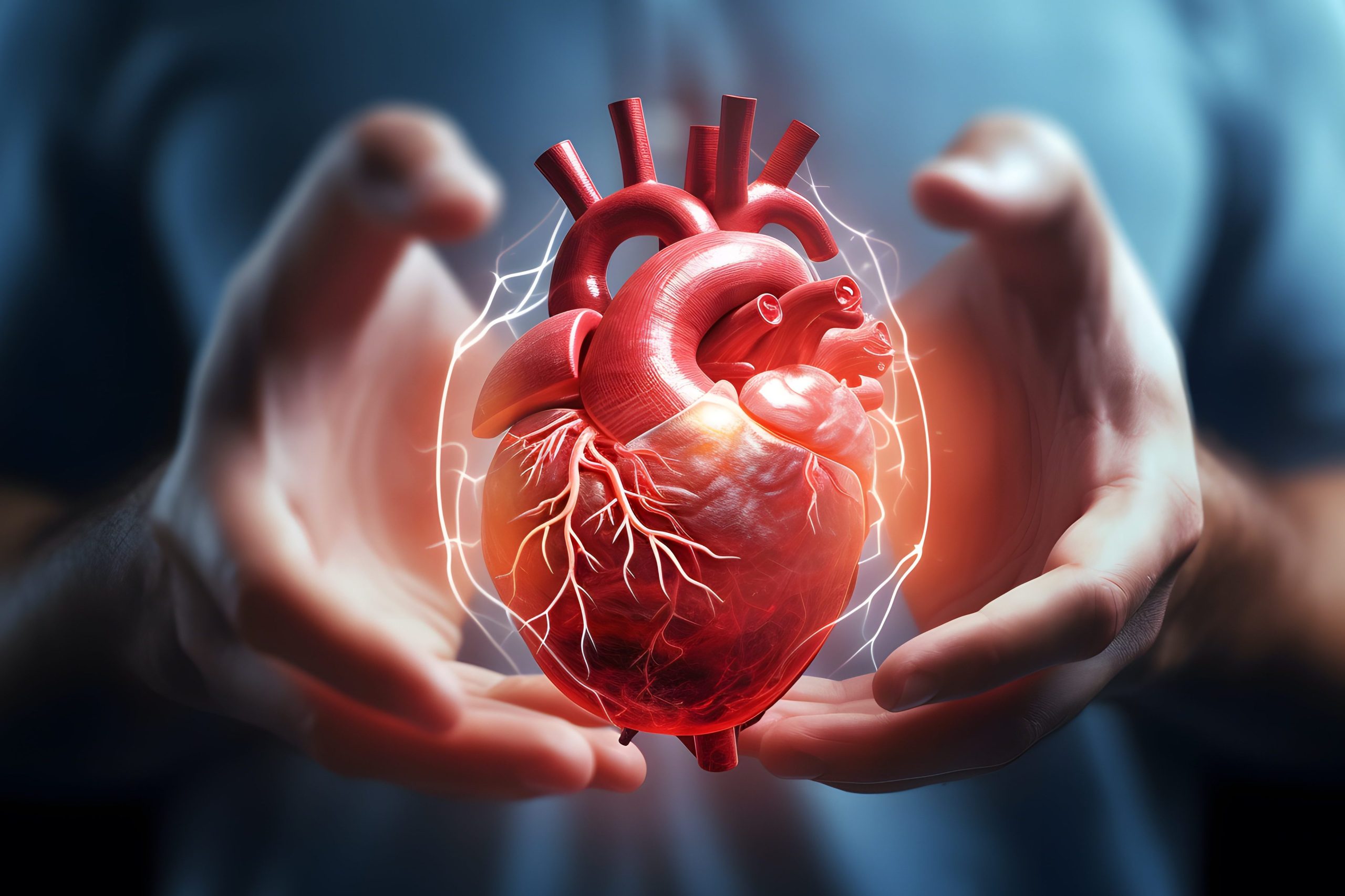 A realistic human heart floats between two cupped hands, surrounded by glowing energy, symbolizing protection, care, and the importance of heart health.